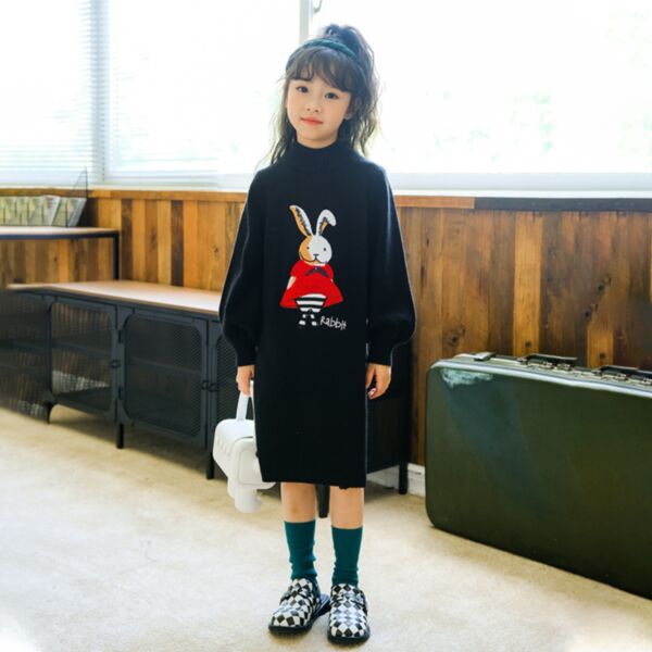 4-14Y Rabbit Print Black Long Sleeve Knitwear Long Sweater Wholesale Kids Boutique Clothing KKHQV492711