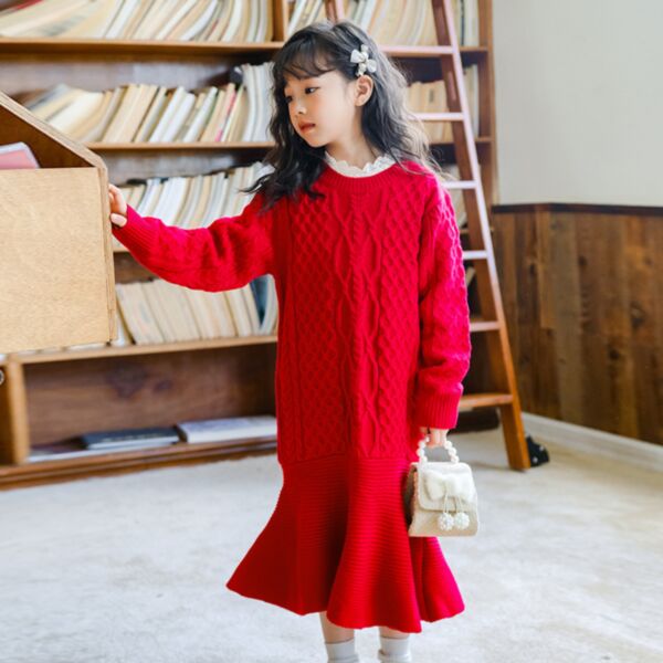 5-16Y Knitwear Lace Collar Red Sweater Fishtail Dress Wholesale Kids Boutique Clothing KKHQV492715