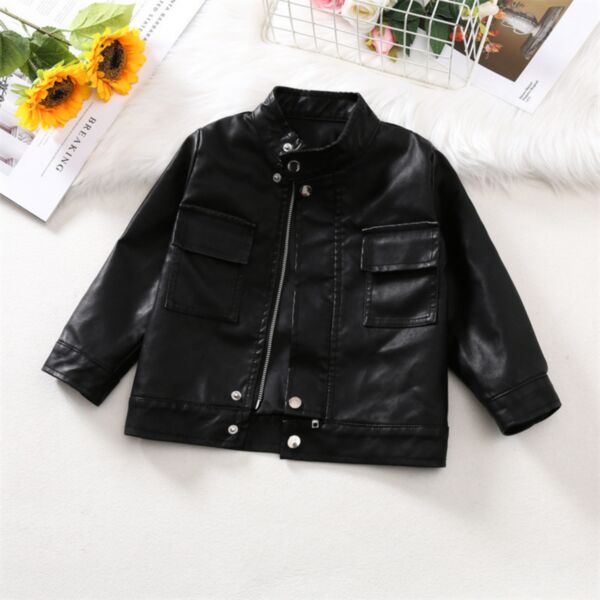 18M-7Y Toddler Boys Stand Collar Black PU Leather Jackets Wholesale Boys Boutique Clothing KCV388165