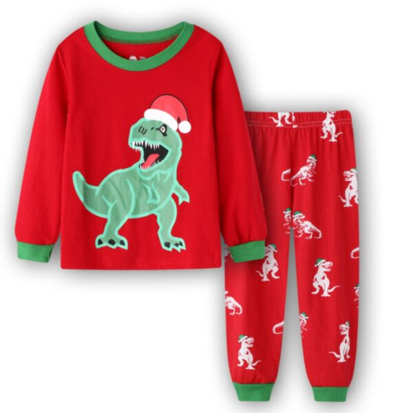 18M-6Y Unisex Autumn Christmas Cartoon Dinosaur Snowman Cotton Long Sleeve Pajamas Sets Wholesale Toddler Clothing KSV388034