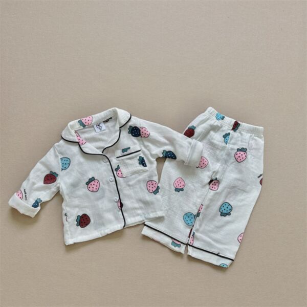 9M-4Y Loungewear Floral Fruit Print Button Tops And Pants Set Two Pieces Wholesale Kids Boutique Clothing