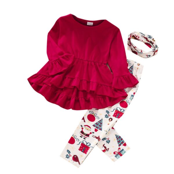 18M-6Y Toddler Girl Sets Christmas Long Sleeve Irregular Hem Top And Cartoon Full Print Pants And Headband Wholesale Girls Fashion Clothes KSV591589