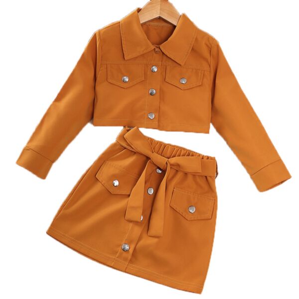 3-7Y Toddler Girl Sets Solid Color Long Sleeve Single-Breasted Lapel Top And Half-Body Skirt Wholesale Girls Clothes KSV591586