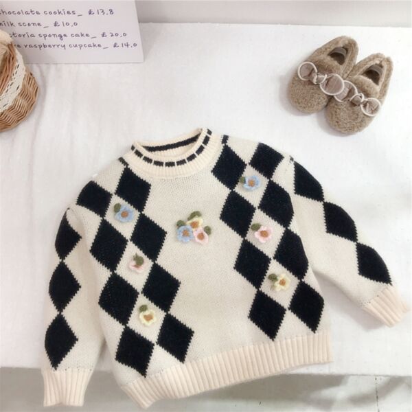18M-6Y Toddler Girl Long-Sleeved Floral Embroidered Diamond Plaid Knit Top Wholesale Girls Clothes KTV591583