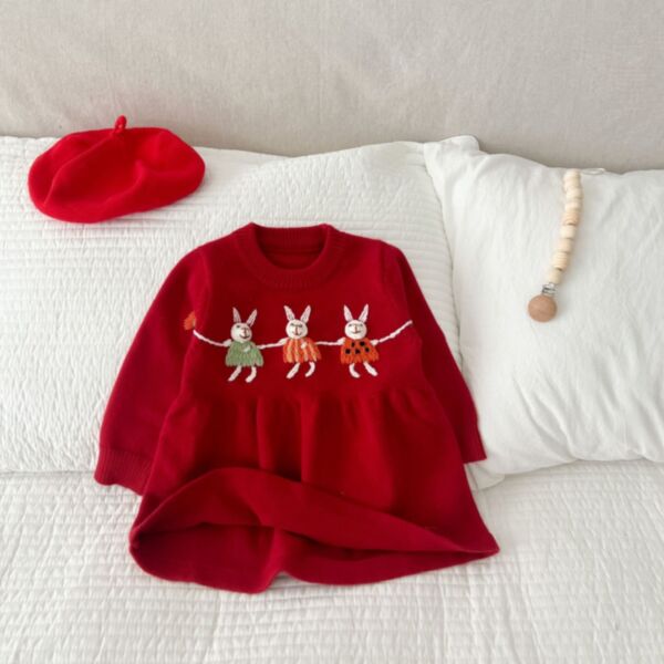3-24M Rabbit Embroider Red Long Sleeve Fleece Dress Baby Wholesale Clothing KKHQV492743
