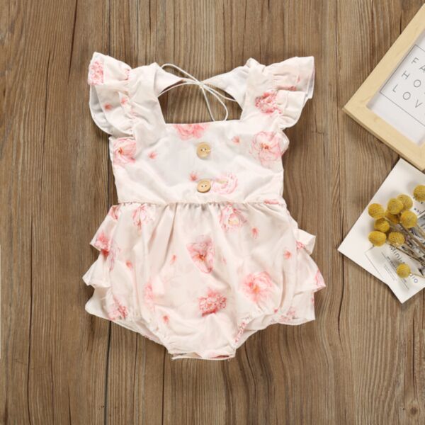0-18M Flower Print Lotus Sleeve Pleated Skirt Romper Baby Wholesale Clothing KJV492788