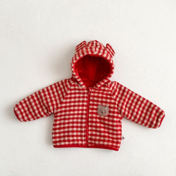 6-24M Bear Print Plaid Zipper Coat Jacket With Hat Baby Wholesale Clothing KCV492780