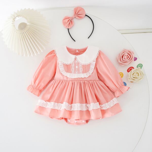 0-18M Baby Girl Onesies Long-Sleeved Ruffled Doll Collar Dress Hem Bodysuit And Headband Wholesale Baby Clothing KJV591565