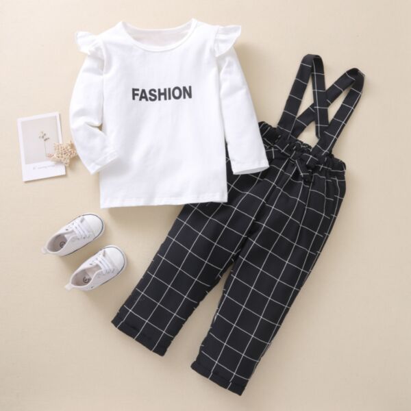 9M-4Y Toddler Girl Sets Long-Sleeved Letter Print Round-Neck Top And Plaid Suspender Pants Wholesale Girls Fashion Clothes KSV591527