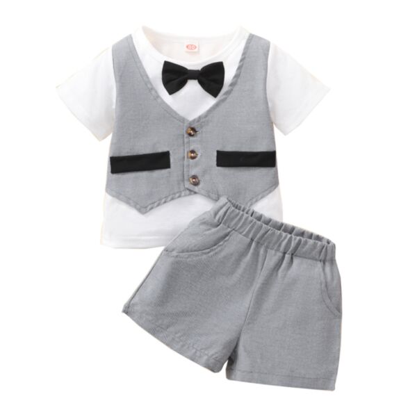 3-18M Baby Boy Sets Short-Sleeved Bow Tie Fake Two-Piece Top And Solid Color Shorts Wholesale Baby Clothes KSV591608