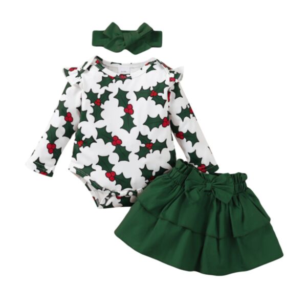 0-18M Baby Girls 3-Piece Set Christmas Print Bodysuit & Solid Color Skirt & Headband Wholesale Baby Clothes KSV388208