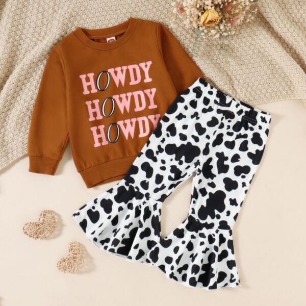 9M-4Y Letter Print Brown Pullover And Cow Print Flares Pants Set Two Pieces Wholesale Kids Boutique Clothing KSV492844
