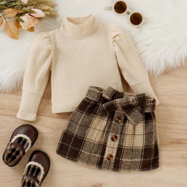 9M-4Y Solid Color Striped Bubble Sleeve Sweater And Plaid Skirt Set Two Pieces Wholesale Kids Boutique Clothing KSV492846