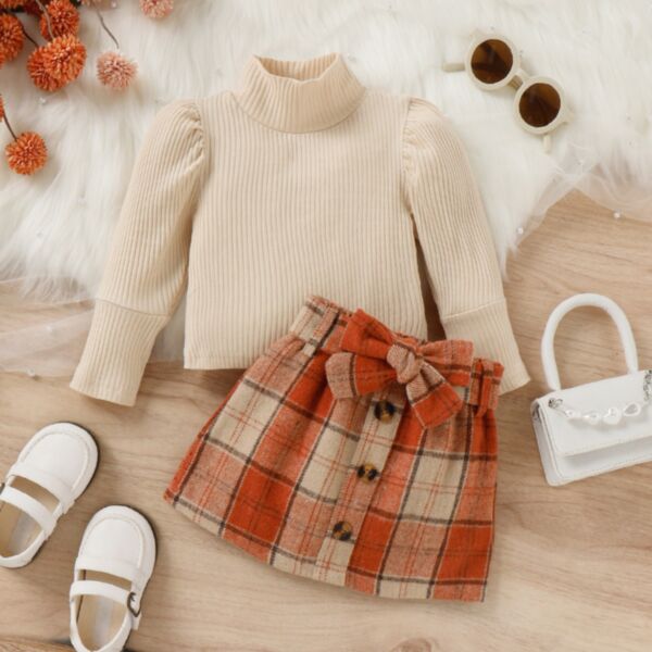 9M-4Y Striped Bubble Sleeve Sweater And Plaid Bowknot Skirt Set Two Pieces Wholesale Kids Boutique Clothing KSV492847