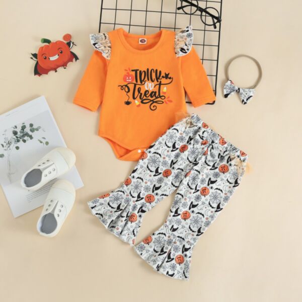 3-18M Halloween Letter Print Flying Sleeve Romper And Pumpkin Flares Pants Set Baby Wholesale Clothing KSV492842