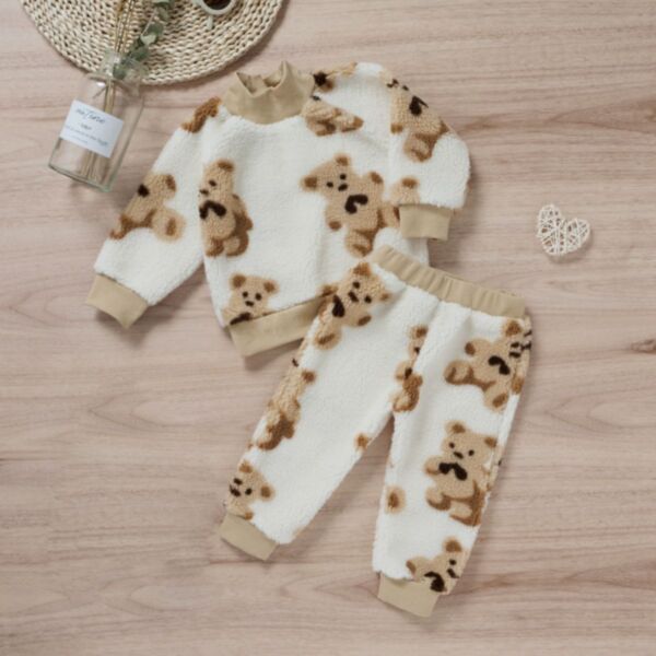 3-24M Bear Print Mid-Collar Plush Pullover And Pants Two Pieces Set Two Pieces Baby Wholesale Clothing KSV492834
