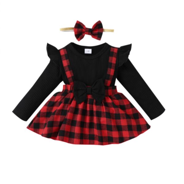 0-18M Baby Girls Fake Two-Piece Long-Sleeved Plaid Print Bodysuit Dress & Headband KDV388204