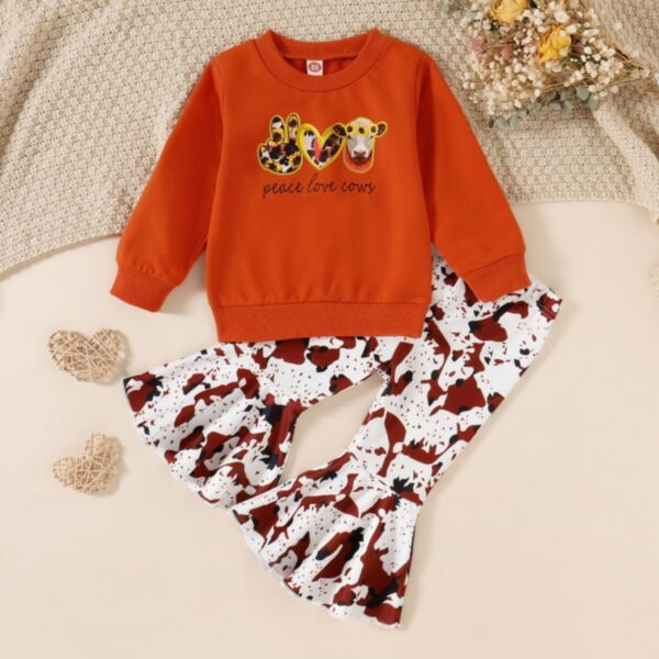 9M-4Y Letter Print Long Sleeve Pullover And Leopard Flares Pants Set Two Pieces Wholesale Kids Boutique Clothing KSV492843
