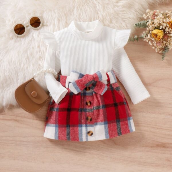 9M-4Y Flying Sleeve Solid Color Pullover And Plaid Bowknot Skirt Wholesale Kids Boutique Clothing KSV492842
