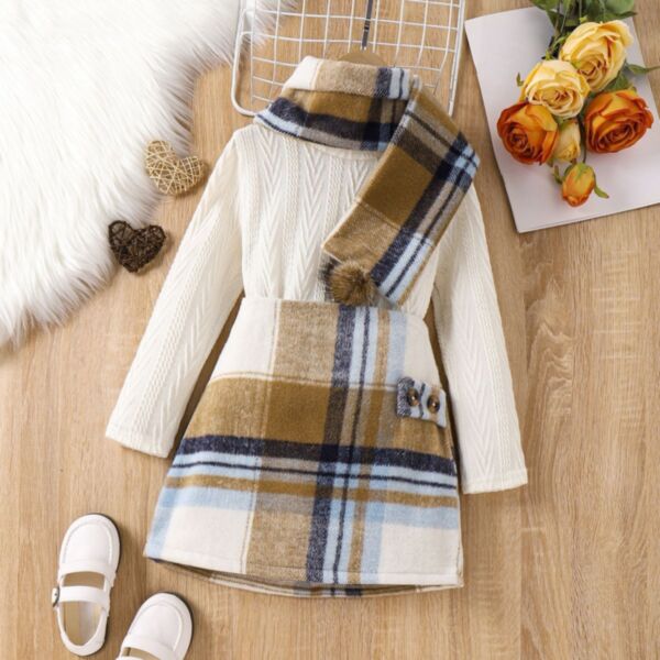 3-7Y Texture Print Round Neck Pullover And Plaid Skirt And Scarf Set Wholesale Kids Boutique Clothing KSV492840