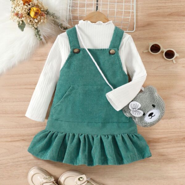 3-7Y Corduroy Fleece Knitwear Striped Pullover And Suspender Green Dress Set Two Pieces Wholesale Kids Boutique Clothing KKHQV492837
