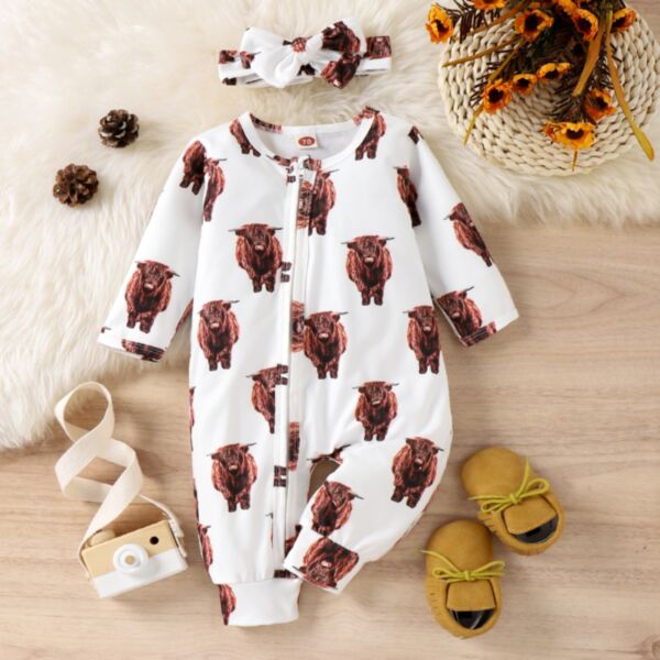 3-24M Baby Bull Head Print Long Sleeve Zipper Jumpsuit Wholesale Baby Clothing KJV388287