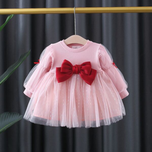 6M-3Y Baby Girl Solid Color Long Sleeve Bow Mesh Princess Dress Wholesale Baby Clothes KDV591598
