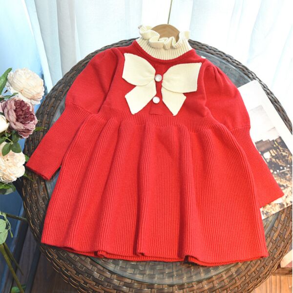 18M-6Y Toddler Girl Long Sleeve Color Blocking Ribbed Bow High Neck Dress Wholesale Girls Clothes KDV591604