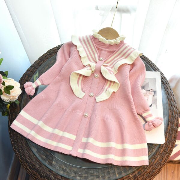 18M-6Y Toddler Girl Long-Sleeved Striped Single-Breasted Dress Girl Wholesale Boutique Clothing KDV591605