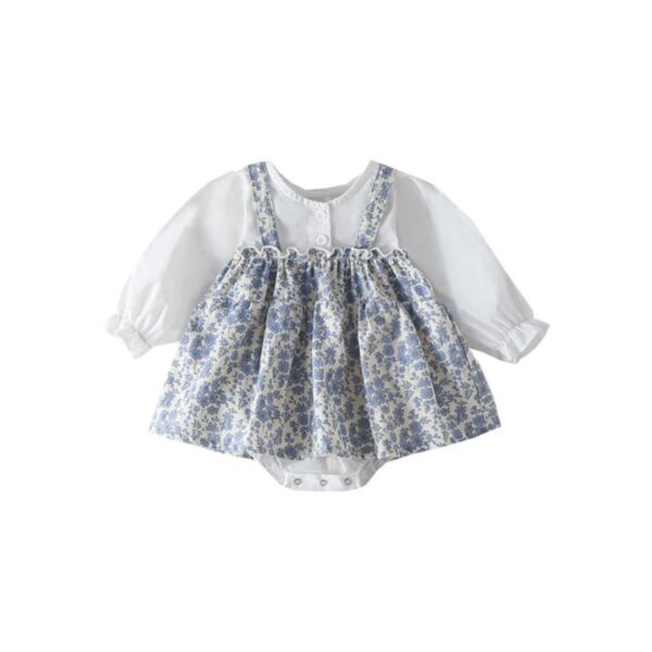 0-18M Baby Girls Fake Two Piece Floral Sling Long Sleeve Bodysuit Dress Wholesale Baby Clothing KJV388317