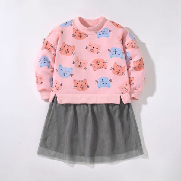 18M-7Y Cat Print Pink Pullover And Mesh Gray Skirt Set Wholesale Kids Boutique Clothing KSV492921