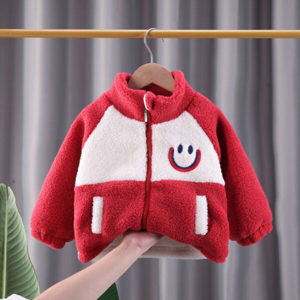 9M-4Y Lamb Fleece Colorblock Smile Face Print Zipper Jacket Coat Wholesale Kids Boutique Clothing KCV492825