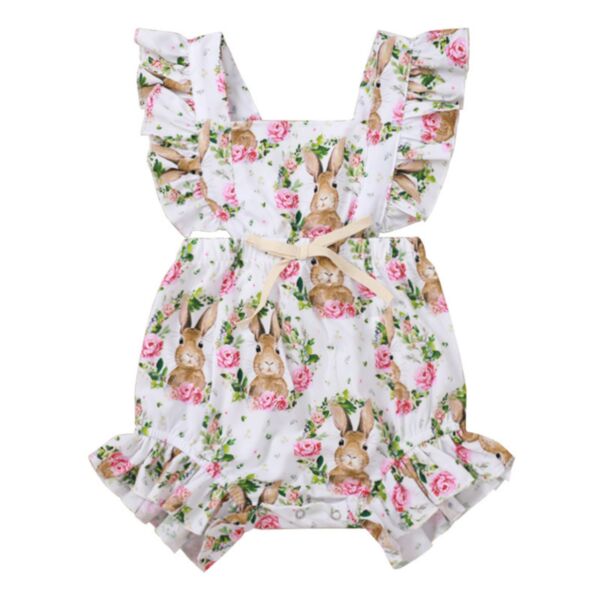 3-18M Baby Girls Easter Bunny Floral Print Flying Sleeves Bodysuit Wholesale Baby Clothing KJV388402-Sales

