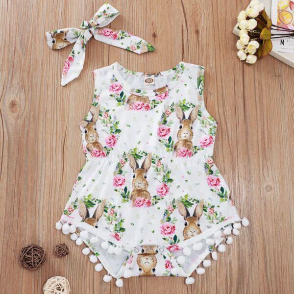 3-18M Baby Girls Easter Bunny Floral Print Ball Baby Onesie & Headband Wholesale Baby Clothes KJV388399-Sales


