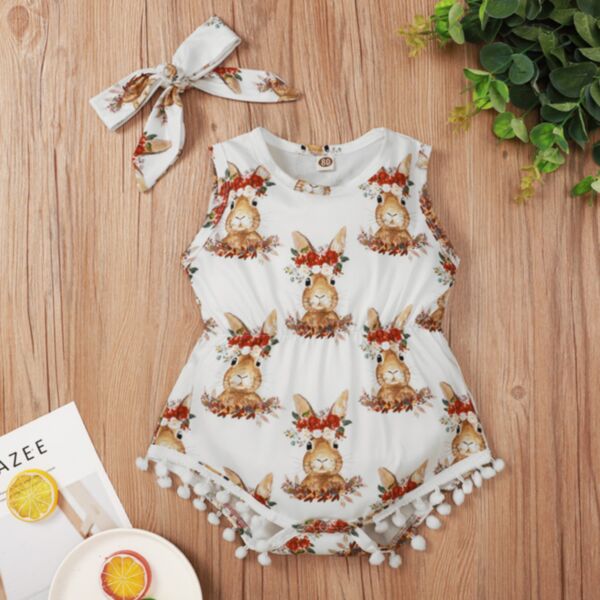 3-18M Baby Easter Bunny Flower Print Bodysuit & Headband Wholesale Baby Clothes Suppliers KJV388395-Sale

