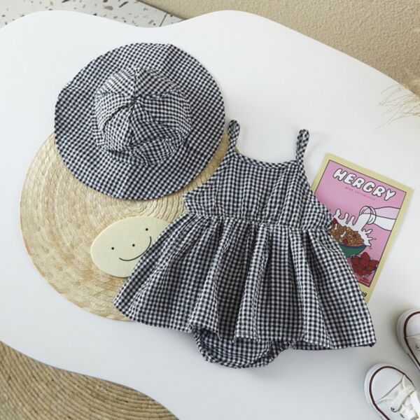 0-18M Black Plaid Suspender Dress Romper With Hat Baby Wholesale Clothing KJV492944