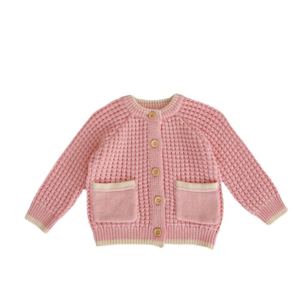3-24M Baby Girls Round-Neck Color-Blocking Semi-Cutout Solid-Knit Cardigan Wholesale Baby Clothes KCV388414