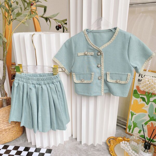 18M-7Y Short Sleeve Button Tops And Pleated Skirt Set Wholesale Kids Boutique Clothing KSV492933