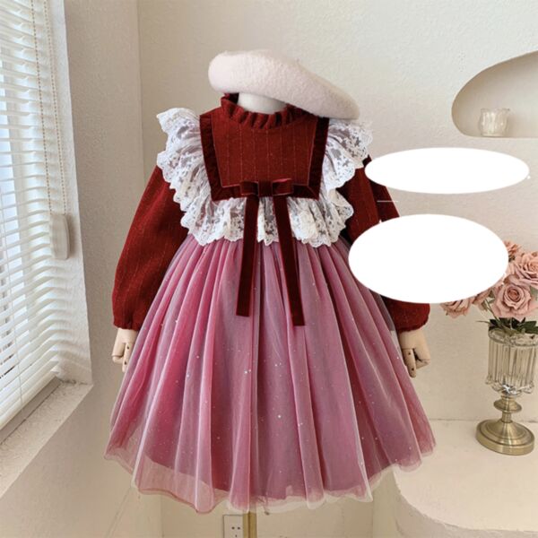 18M-7Y Lace Fleece Long Sleeve Mesh Skirt Dress Wholesale Kids Boutique Clothing KDV492931