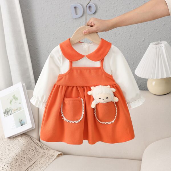 6M-3Y Fake-Two-Pieces Sheep Doll Pocket Colorblock Dress Baby Wholesale Clothing KDV492963
