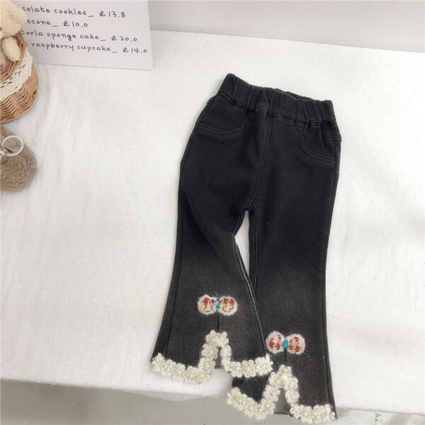 9M-5Y Thicken Fleece Denim Flower-Edge Trousers Wholesale Kids Boutique Clothing KPV492902