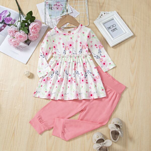 3-24M Flower Print Dress And Pink Pants Set Baby Wholesale Clothing KSV492984