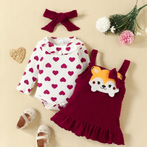 0-18M Heart Print Romper And Fox Suspender Dress Set Baby Wholesale Clothing KSV492991