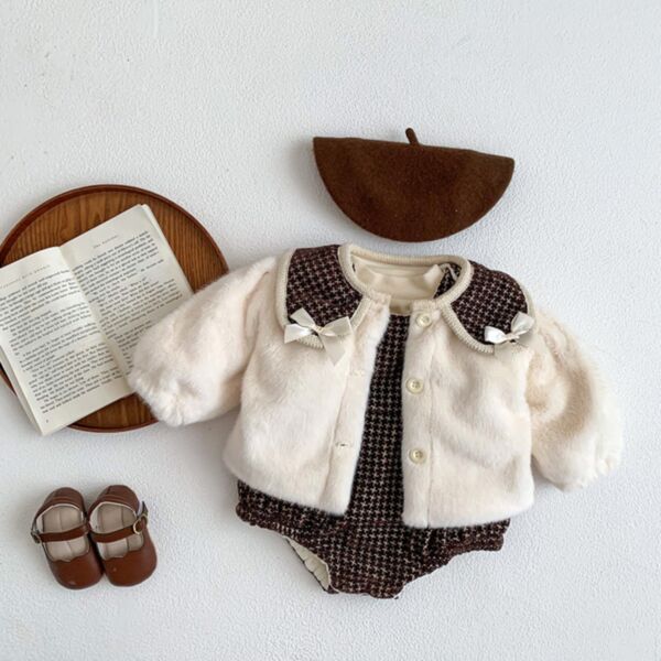 3-24M Plaid Sleeveless Romper And Fleece Wide Collar Coat Set Baby Wholesale Clothing KKHQV492782