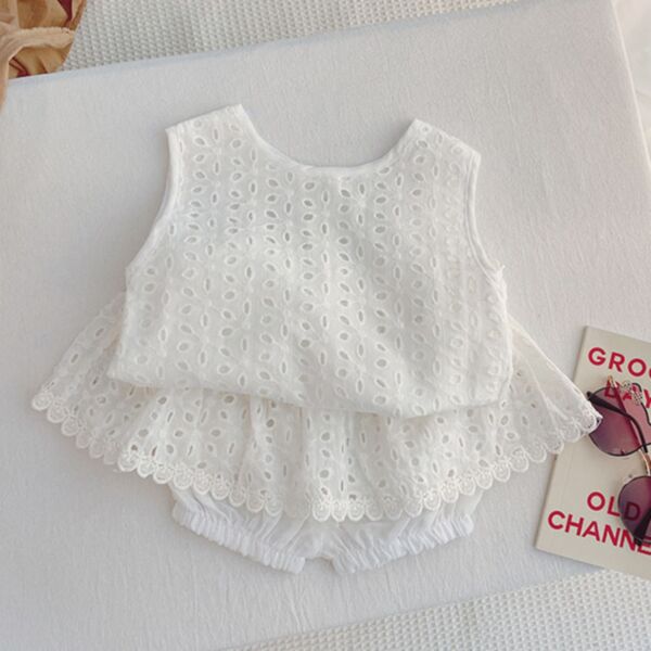 9M-4Y White Cutout Sleeveless Tops And Skirt Set Wholesale Kids Boutique Clothing KSV493060