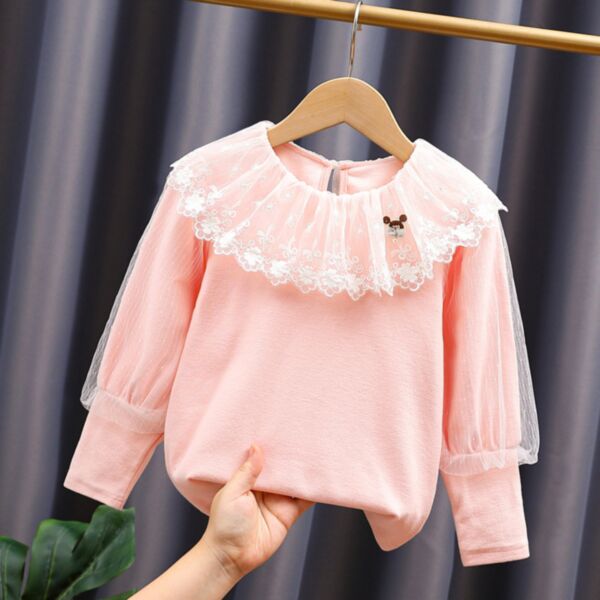 3-11Y Lace Mesh Wide Collar Long Sleeve Tops Wholesale Kids Boutique Clothing KKHQV491463
