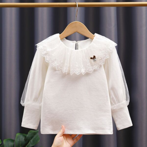 3-11Y White Mouse Print Mesh Wide Collar Tops Wholesale Kids Boutique Clothing KKHQV491464
