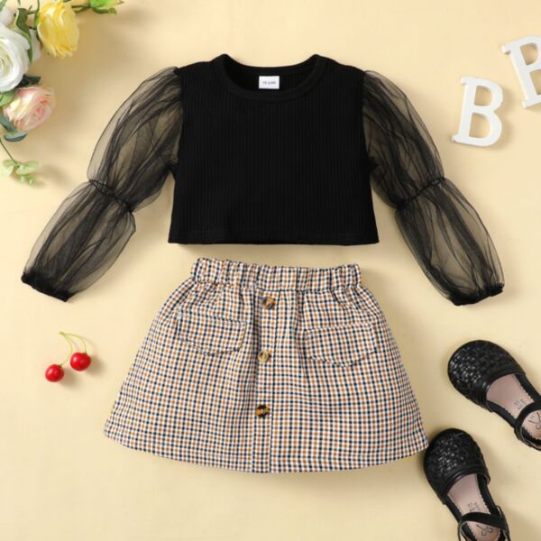 18M-6Y Mesh Sleeve Black Tops And Plaid Skirt Set Wholesale Kids Boutique Clothing