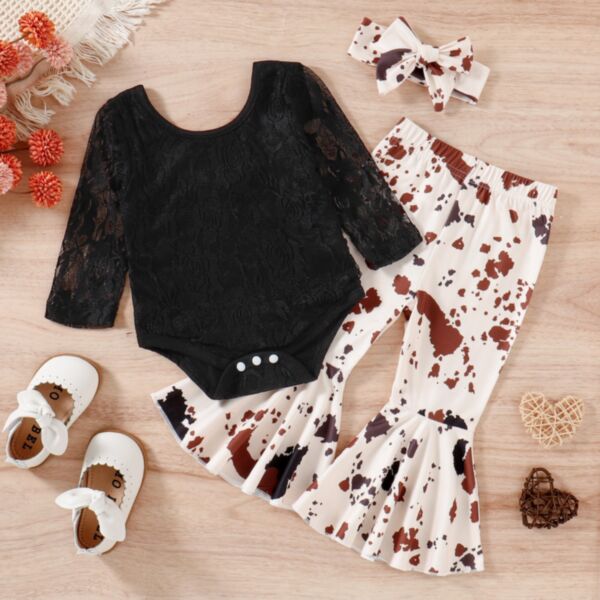 3-24M Lace Sleeve Black Romper And Graphic Print Flares Pants Set Baby Wholesale Clothing KSV493010