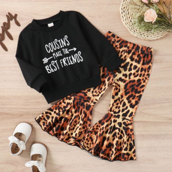 9M-4Y Letter Print Black Pullover And Leopard Flares Pants Wholesale Kids Boutique Clothing KSV493015